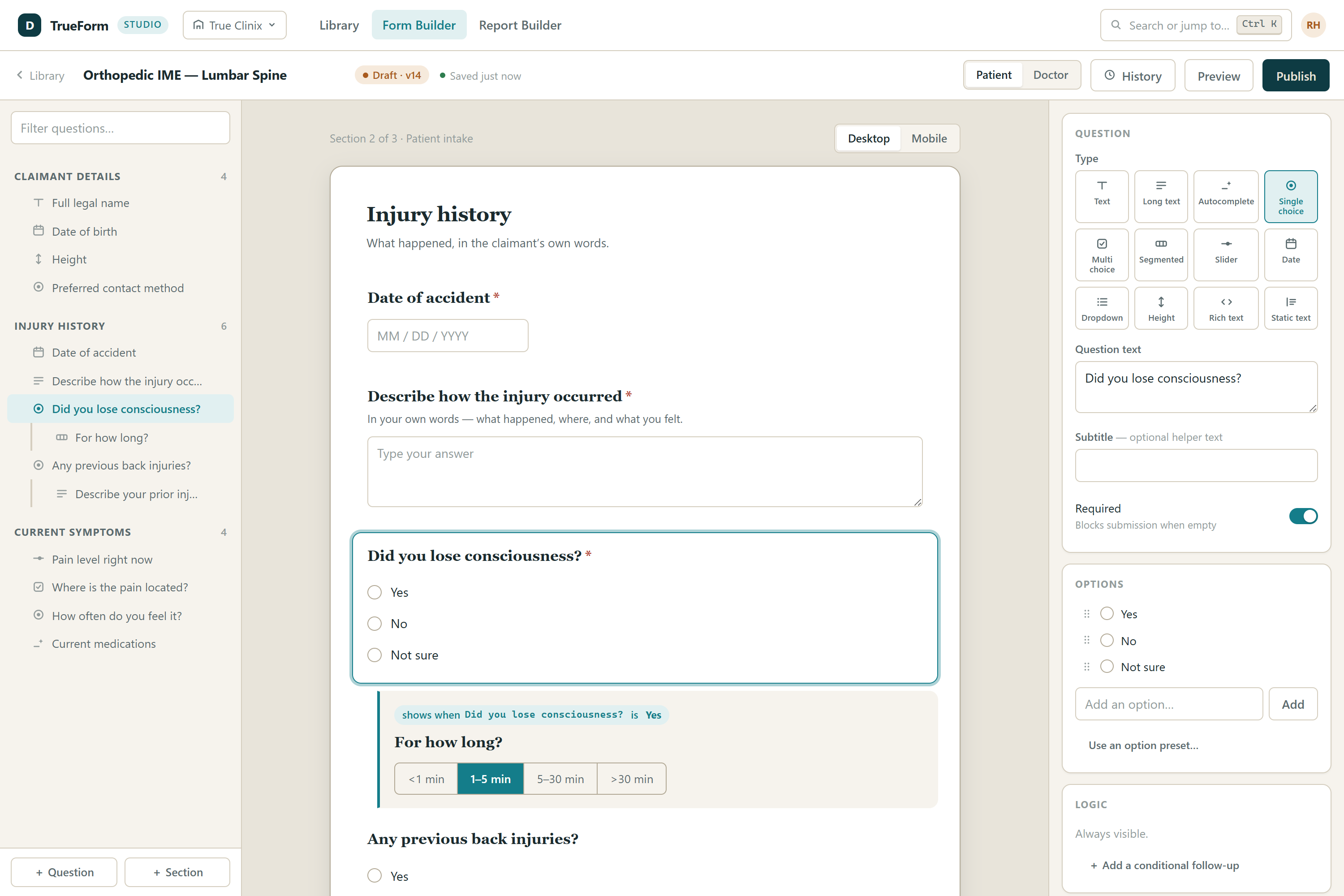 DynaForm Studio form builder: outline of sections and questions, live preview of the form, question inspector with type, options and logic