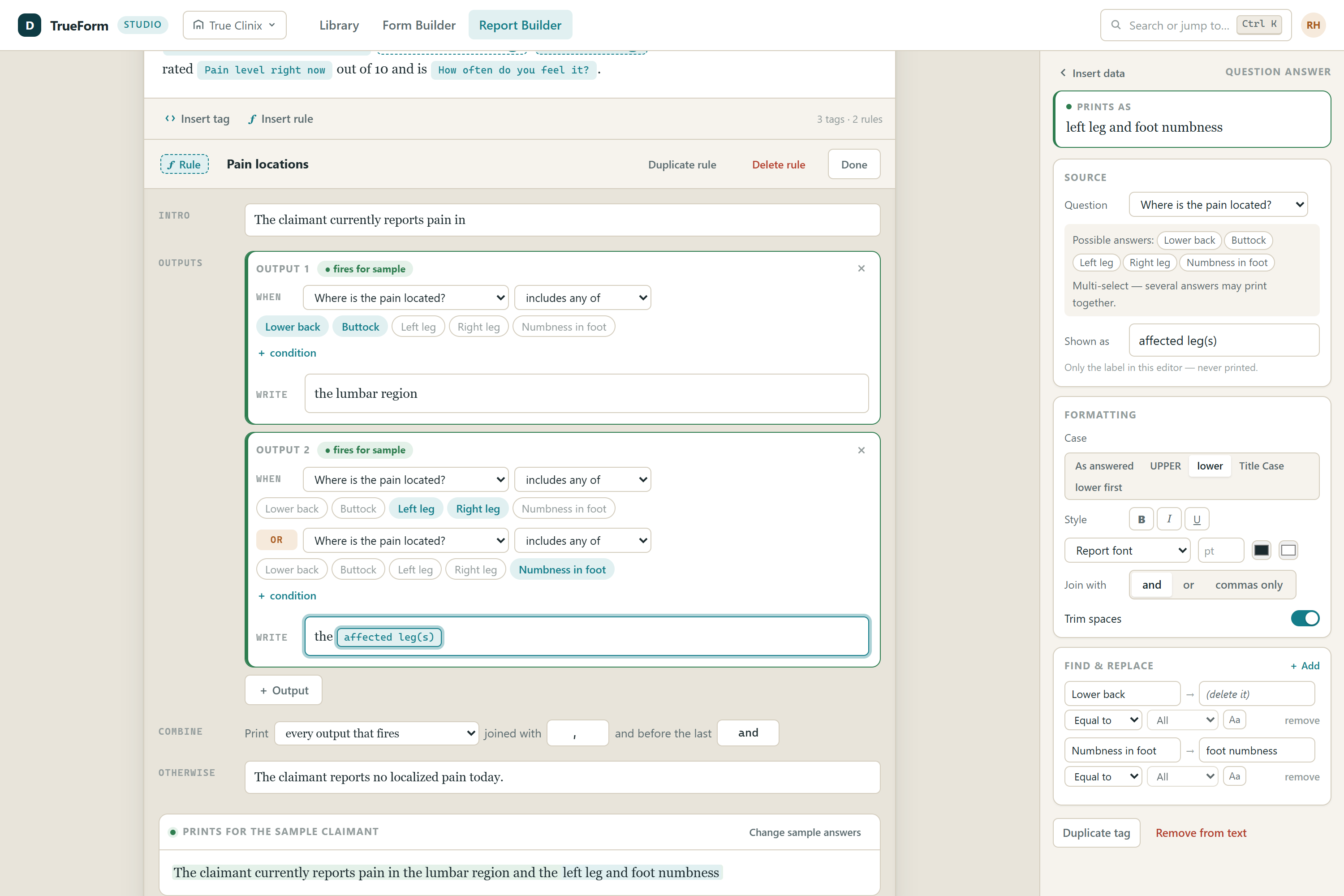 DynaForm Studio report designer: narrative sections with inline data tags and a rule editor with conditional outputs