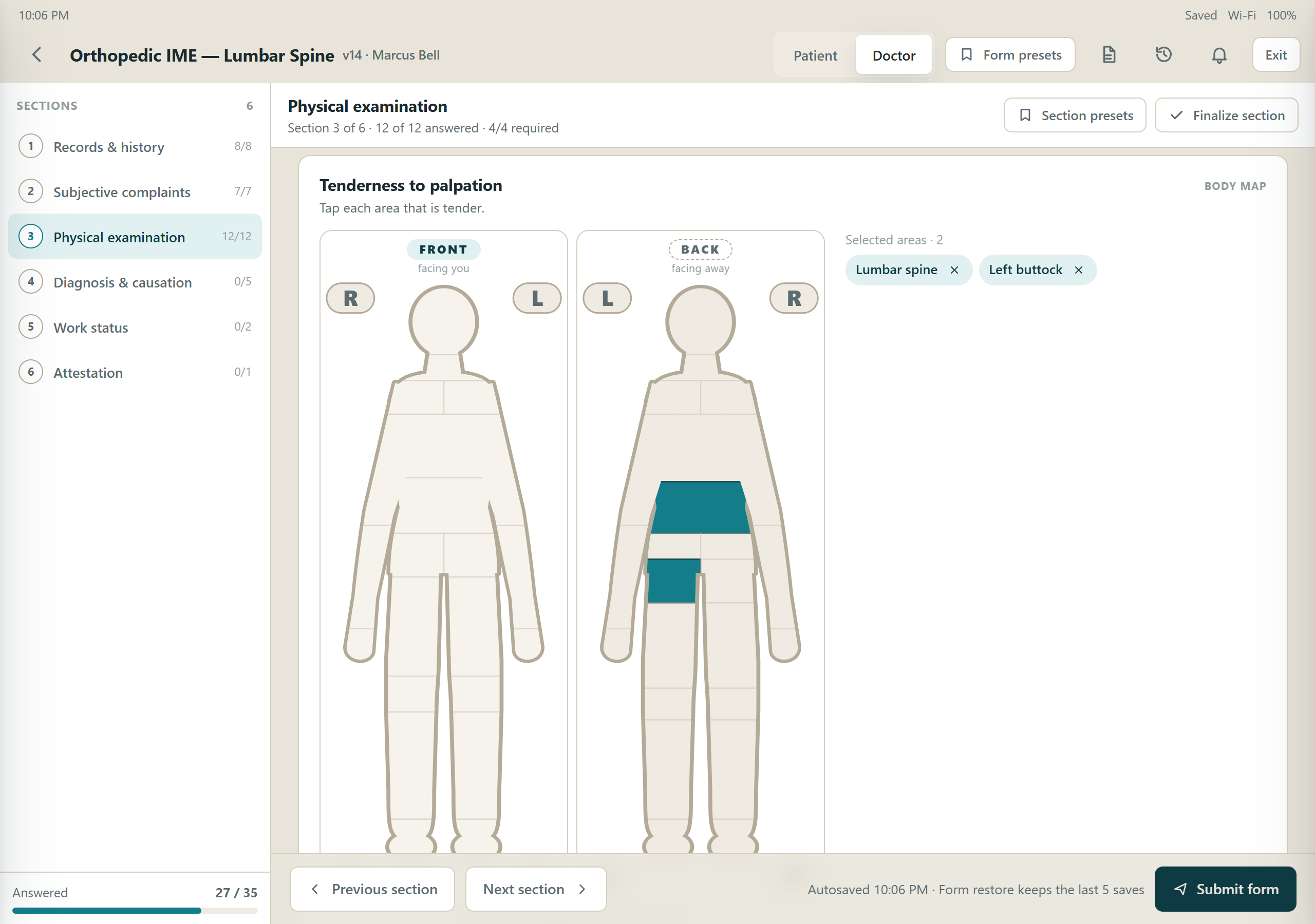 DynaPad exam form: sections on the left, height, gait, body map and range-of-motion questions on the right