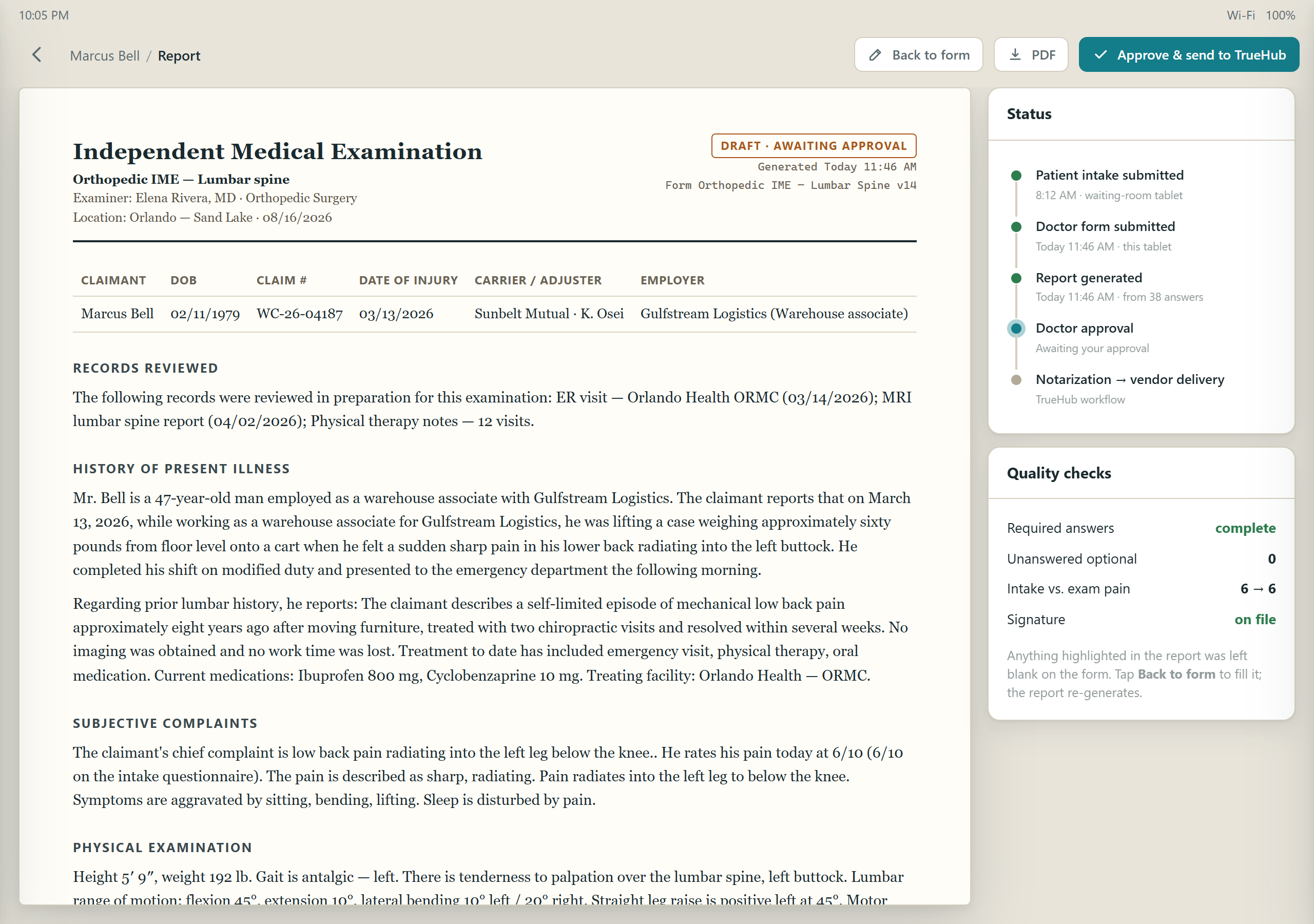 DynaPad on a tablet showing an Independent Medical Examination report generated from the exam answers